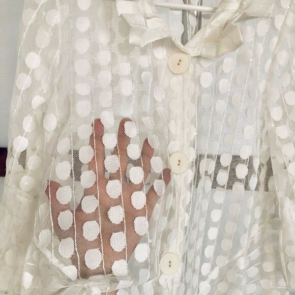 Vintage White Sheer Tulle Lace‎ Polka Dots 3/4 Sleeve Adjust Collar Jacket SzS - Picture 4 of 8